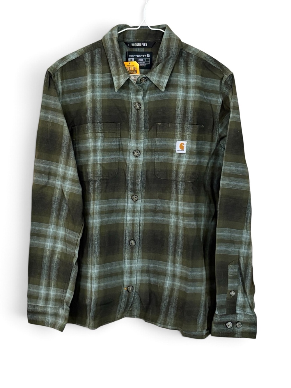 NWT Carhartt Olive Green Plaid Flannel Rugged Flex Loose Fit Shirt Jacket